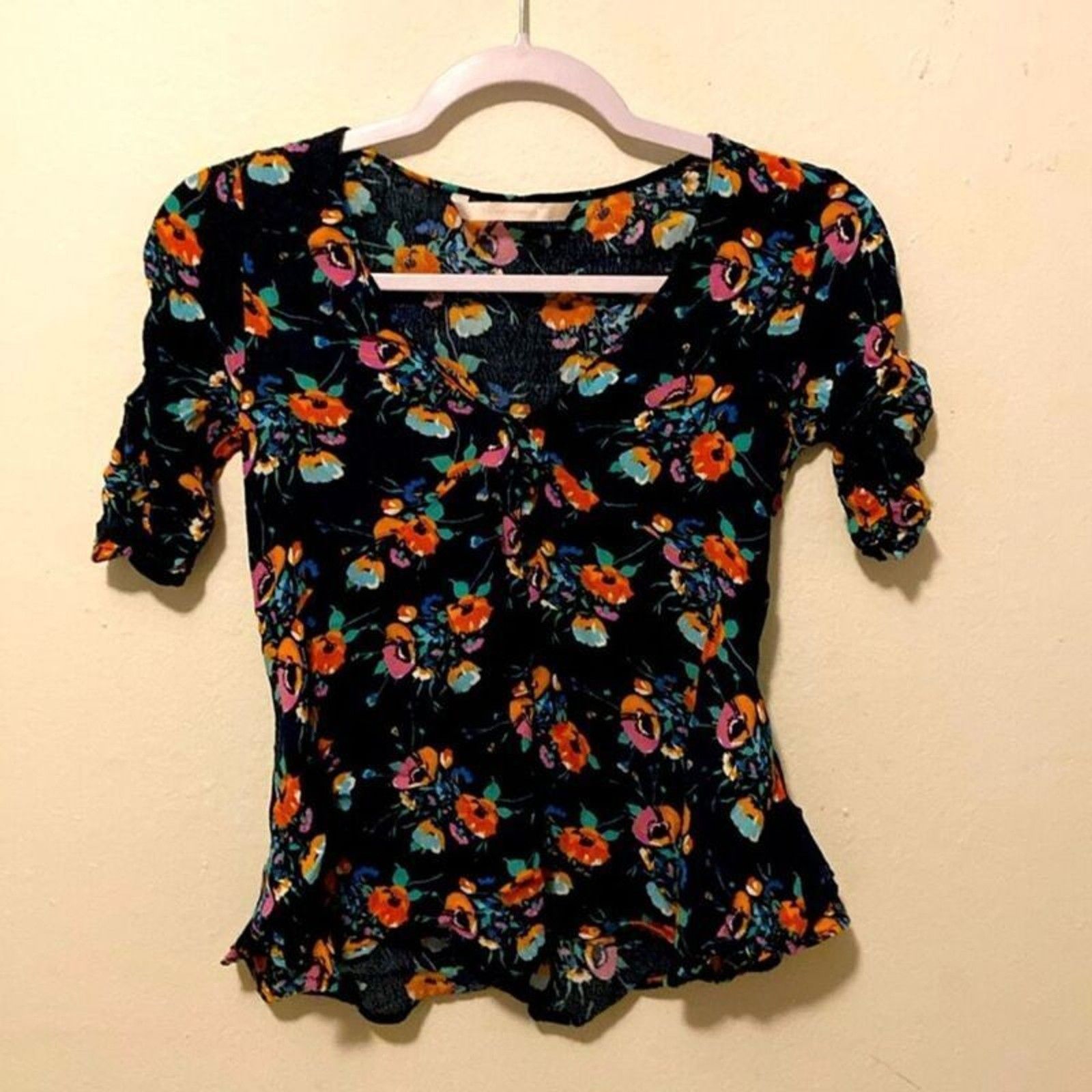 Zara Trafaluc Blue Multicolor Floral Peplum Hem Ruched Sleeve Top Xs